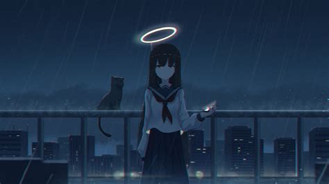 2048x1152 Angel Anime Girl School Uniform Cat Rain 2048x1152 Resolution