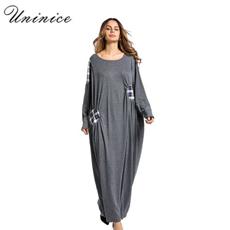 Casual Women S Maxi Dress Abaya Autumn Knitted Cotton Loose Patch