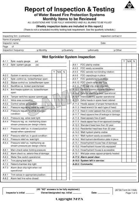 Nfpa Build Monthly Inspection Forms Fire Sprinkler Inspection Report The Best Porn Website