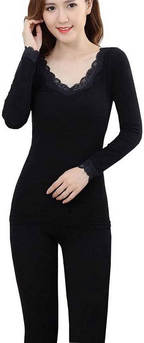 Evedaily Womens Thermal Underwear Set V Neck Lace Seamless Slimming