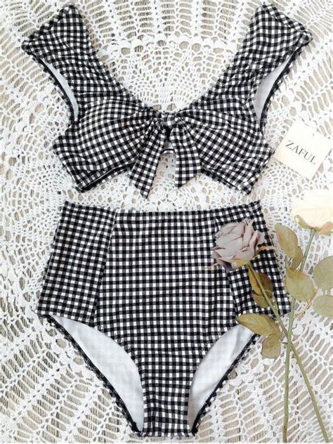 33 Off 2021 Checked Tie Front High Waisted Bikini In White And Black