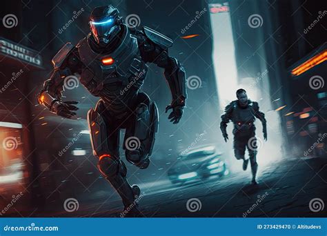 human security guard chasing android thief through futuristic sci fi city stock illustration