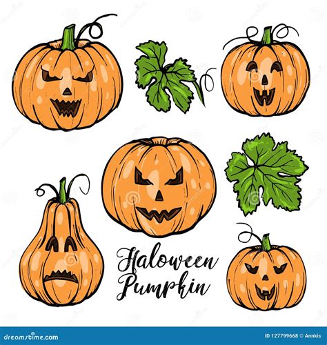Vector Pumpkins With Faces For Halloween With Green Leaves And