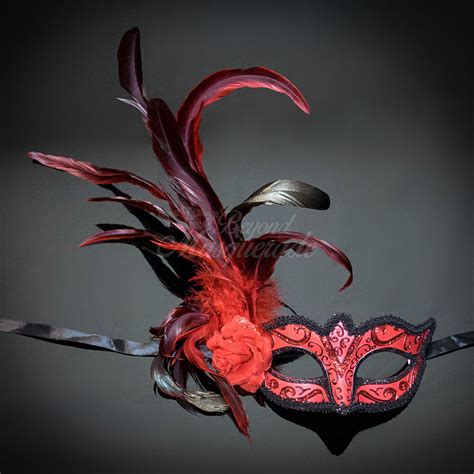 Fashionable Venetian Feather Masquerade Mask W Rose For Women Red
