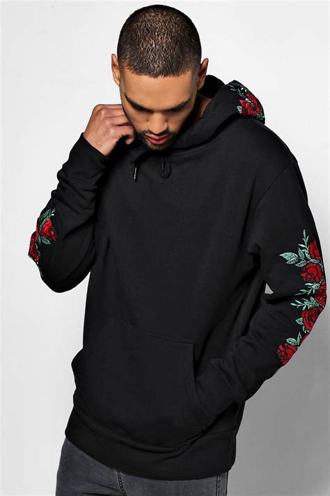 shop over the head hoodie with rose embroidery at boohooman discover our range of men s