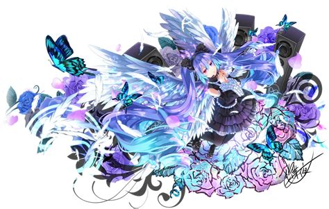 Bicolored Eyes Blue Hair Butterfly Dress Feathers Flowers Goth Loli