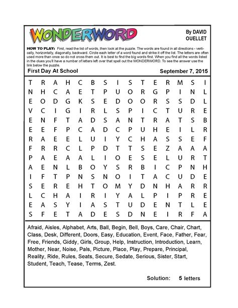 Todays Puzzle Word Search Puzzle Great Words First Day Of School