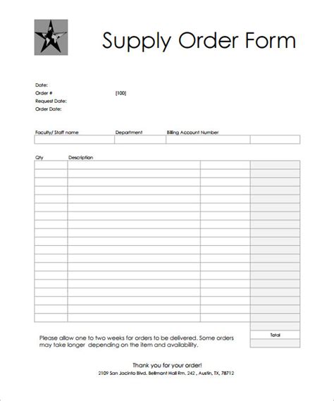 Excel Order Form Template Free