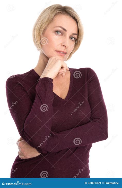Isolated Portrait Of Reflective Mature Attractive Woman On White Stock Image Image Of Pretty
