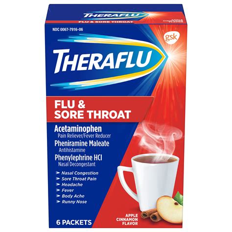 Theraflu Flu And Sore Throat Powder Apple Cinnamon Flavor 6 Packets