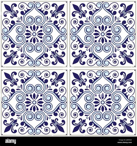 Portuguese Tiles Pattern Azulejo Navy Blue Design Seamless Vector