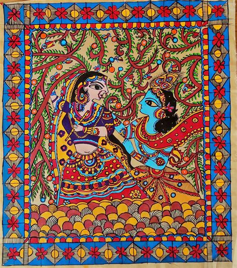 Madhubani Painting Of Radha And Krishna II Size 15 4 Inch X 13 6 Inch
