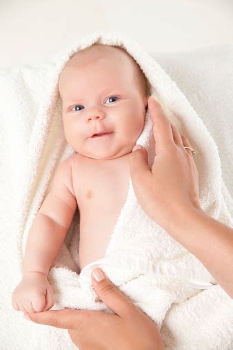 Cute Happy Little Baby Hidden In White Towels Stock Photo Download