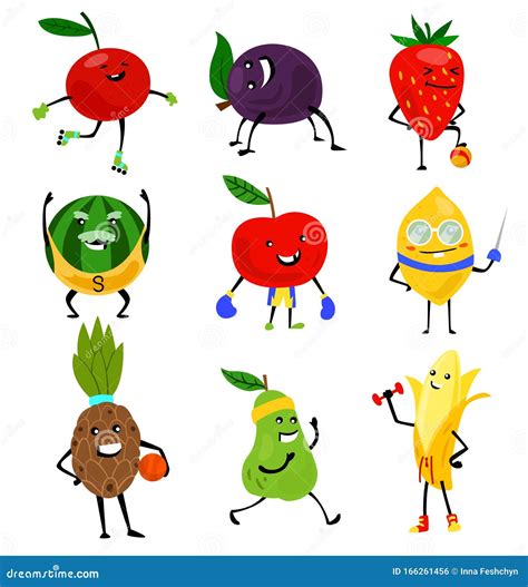 Sport Fruits Characters Funny Fruit Foods On Sport Exercises Fitness