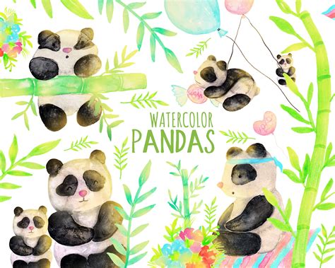 Watercolor Pandas Clipart Animals Clipart Nursery Bamboo Etsy