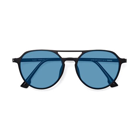 matte black double bridge low bridge fit ultem tinted sunglasses with medium blue sunwear lenses