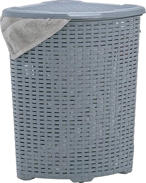 Superio Corner Laundry Hamper Basket With Lid 50 Liter Grey Wicker