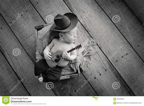 Newborn Baby Cowboy Playing A Tiny Guitar Stock Image Image Of Music