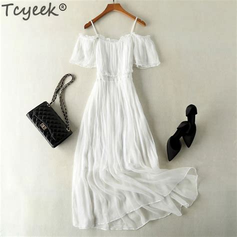 Tcyeek Real Silk Dress Women Long Summer Beach Dress Off Shoulder Ruffle Boho Dresses White