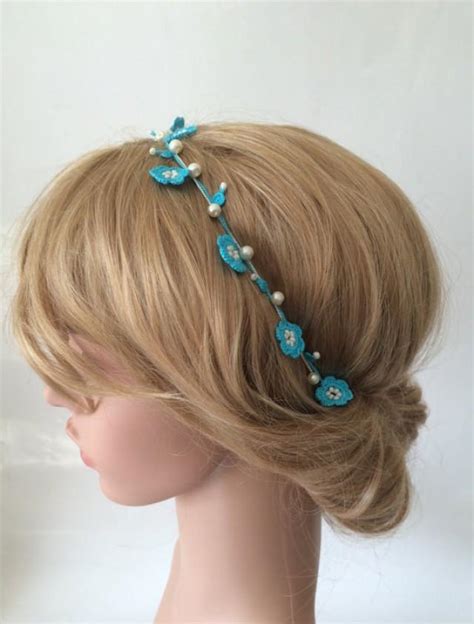 Bridal Headband Turquoise Beaded Hairband Blue Crochet Wedding
