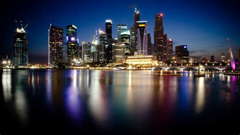 Singapore Night Town Metropolis Skyscraper Lights Water
