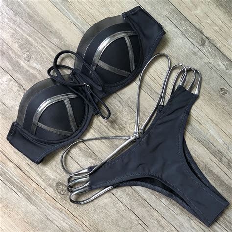 New Sexy Black Bikinis Women Bandage Bikini Set Push Up Padded Bra Swimsuit Suit Swimwear Shiny