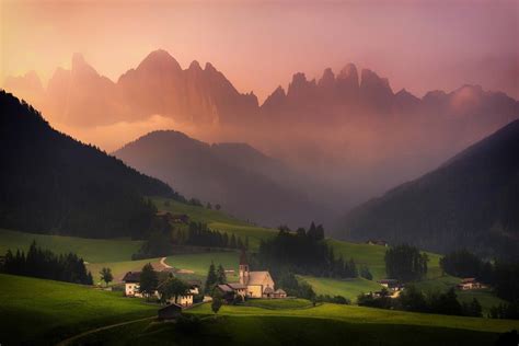 In Peace Hazy Sunset In Val Di Funes Dolomites Italy Pics