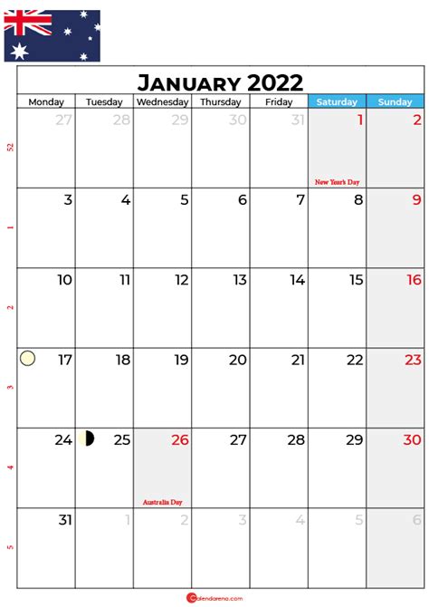 January 2022 Calendar Australia With Holidays