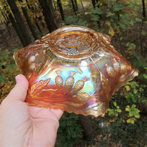 Antique Fenton Pumpkin Peacock Urn Carnival Glass Bowl Carnival Glass