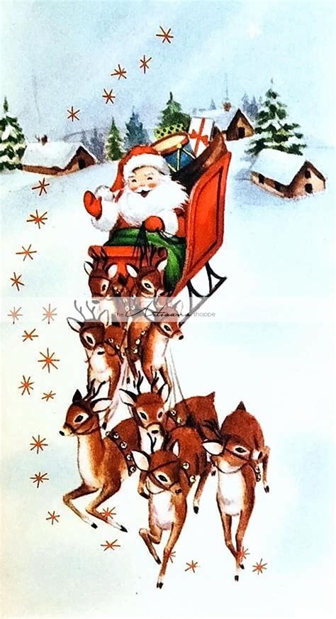 digital download printable art santa claus flying sleigh etsy in 2021 vintage christmas