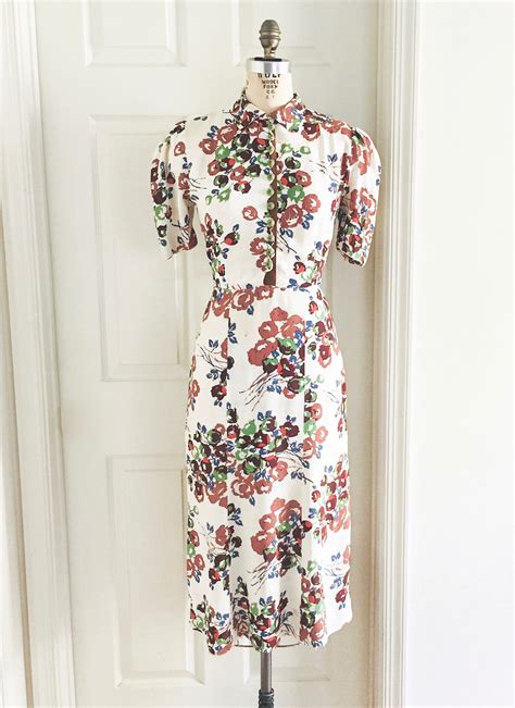 1930s Floral Print Rayon Dress Hollywood Creations By Justine Fair