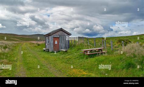 Dava Way Trail Moray Scotland In Summer Half Way Hut And Seats Stock