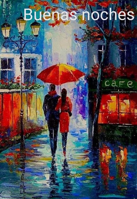 A Painting Of Two People Walking In The Rain With An Umbrella