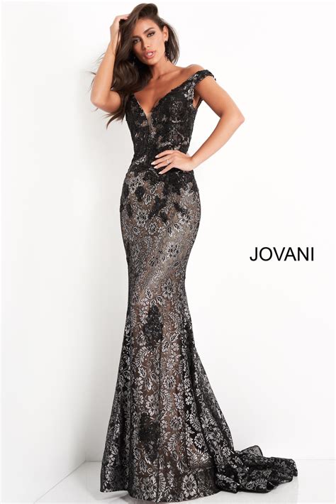 Jovani 06437 Black Metallic Lace Embroidered Prom Dress