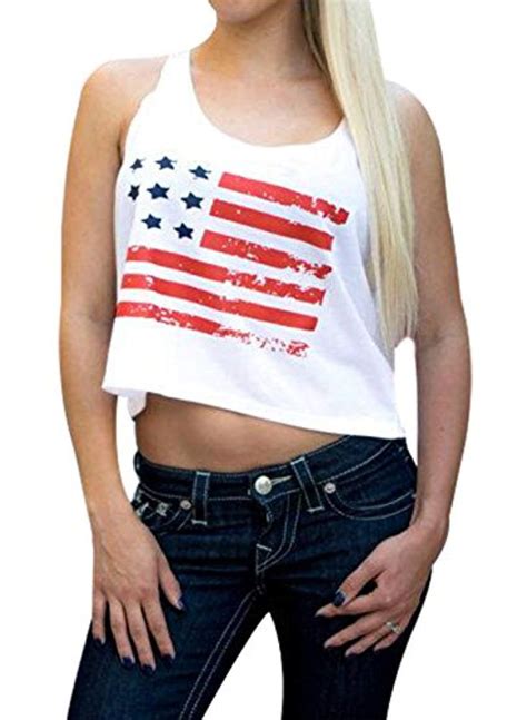 Womens Summer Patriotic American Usa Flag Print Sleeveless Crop Top 4th Of July Continue To