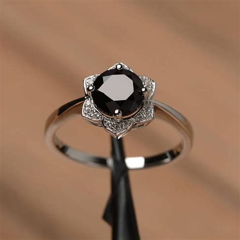 Black Spinel Floral Halo Engagement Ring Sterling Silver Round Etsy