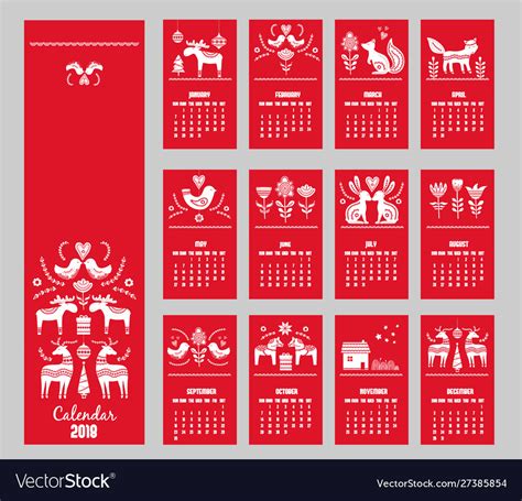 Red Hand Drawn Calendar 2018 Year In Scandinavian Vector Image