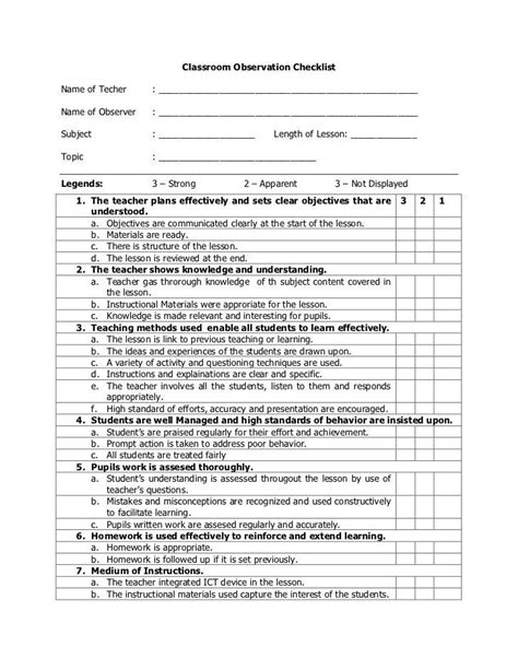 Teacher Observation Checklist Template Classroom Observation Teacher