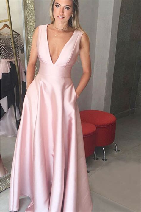 Princess Deep V Neck Pink Long Prom Dress With Pockets On Luulla