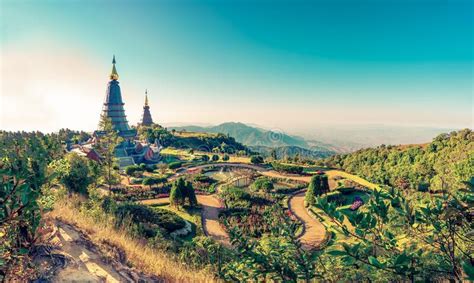 Landscape Of Two Pagoda At The Inthanon Mountain At Sunset Chiang Mai