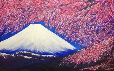 Mount Fuji And Cherry Blossom Painting By Luxmy Begum