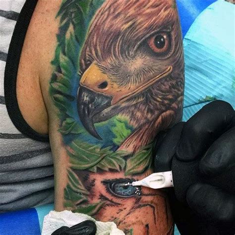 Colorful Realistic Hawk Head Tattoo On Male Half Sleeve Hawk Tattoo