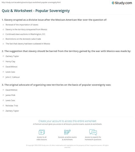 Quiz And Worksheet Popular Sovereignty