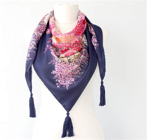 Bohemian Scarf Summer Scarves Navy Blue Pink Scarf Floral