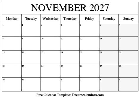 November 2027 Calendar Free Blank Printable Templates