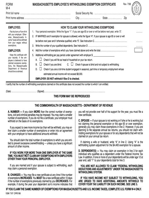 Massachusetts M 4 Personal Exemption 2019 2024 Form Fill Out And Sign