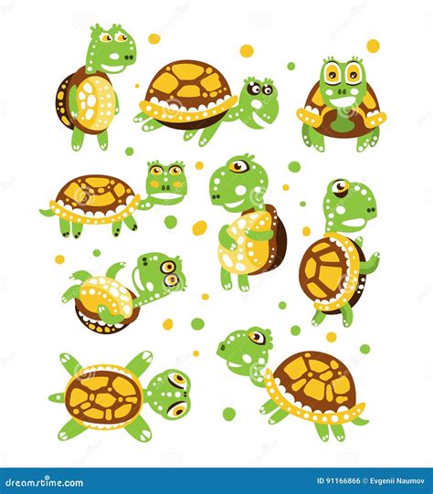 Cartoon Funny Turtle Set For Label Design Olorful Character Vector