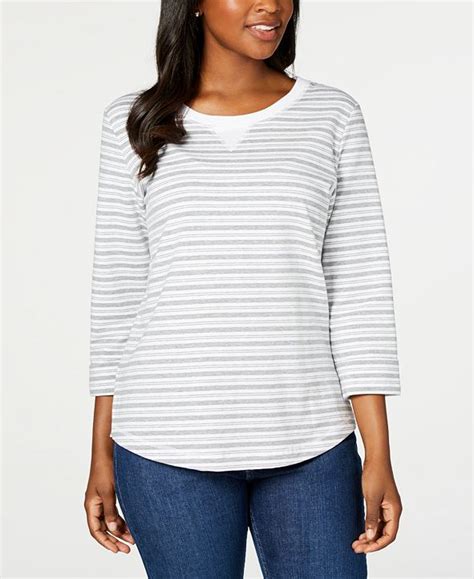 Karen Scott Petite Striped 34 Sleeve Sweatshirt Created For Macys