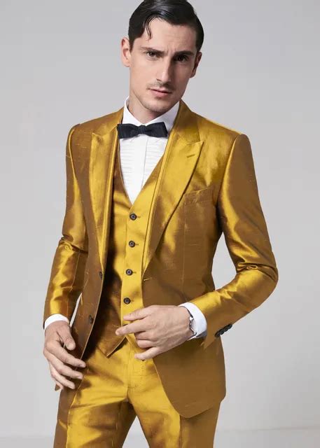 Latest Coat Pant Designs Gold Satin Men Suit Formal Skinny Stage Blazer