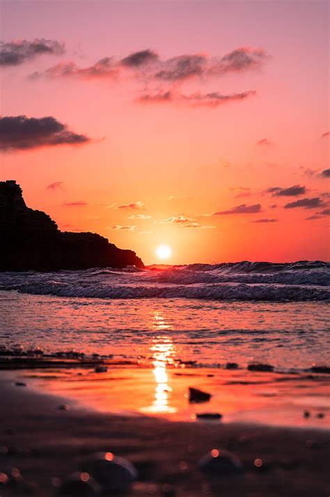 Sea Sunset Waves Sun Red Dusk Hd Phone Wallpaper Peakpx